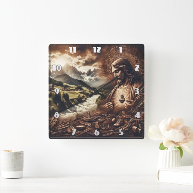 Jesus Overlooking a Serene Mountain Landscape Square Wall Clock (Home)
