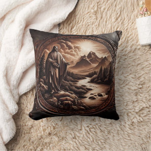 Jesus Overlooking a Serene Mountain Stream Cushion