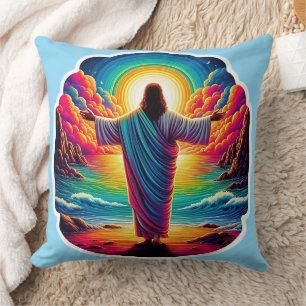Jesus overlooking colourful sky cushion