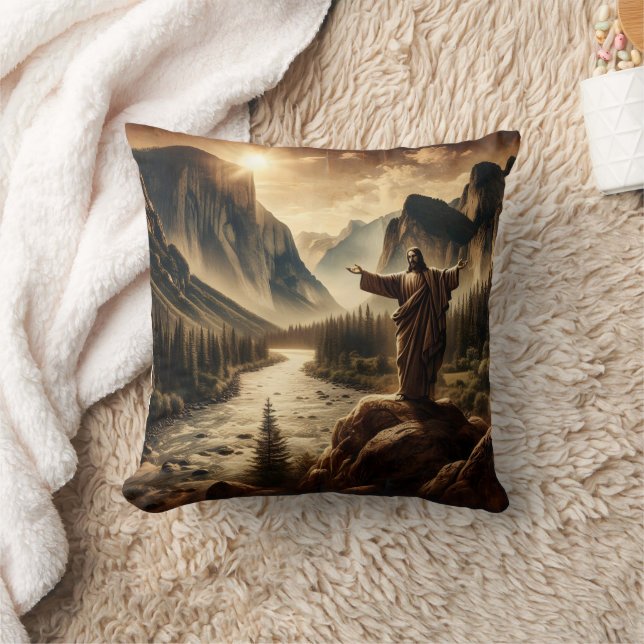 Jesus Overlooking Majestic Mountain Landscape Cushion (Blanket)