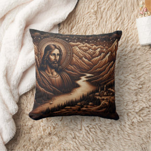 Jesus Overlooking Serene Mountain Valley Landscape Cushion