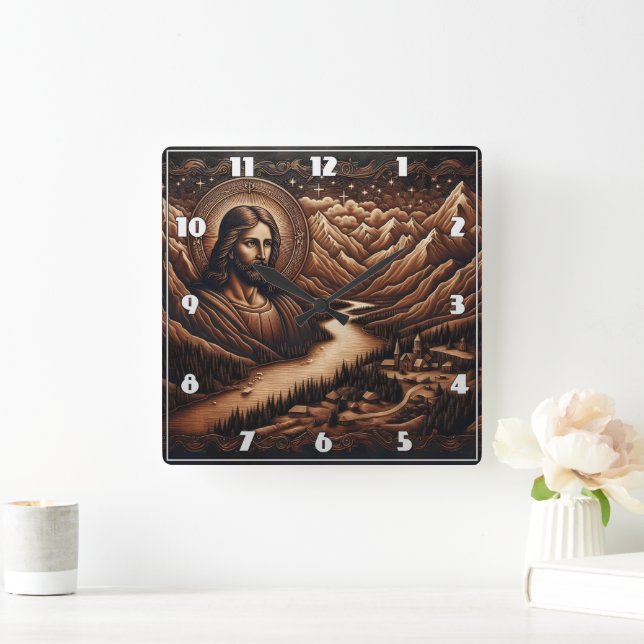 Jesus Overlooking Serene Mountain Valley Landscape Square Wall Clock (Home)