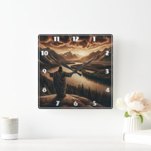 Jesus Overlooking the Serene River Valley at Dusk Square Wall Clock