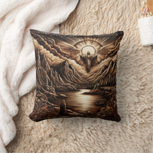 Jesus Overlooks Calm Dawn Mountain View Cushion