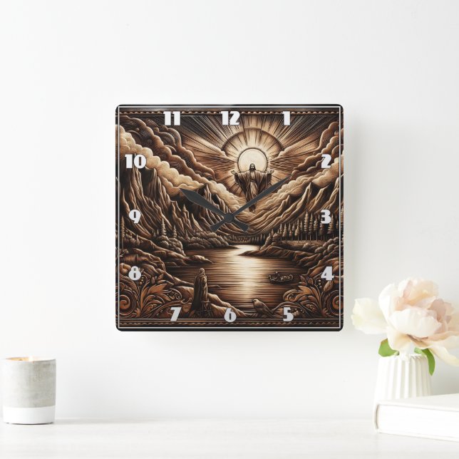Jesus Overlooks Calm Dawn Mountain View Square Wall Clock (Home)