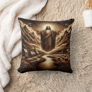 Jesus Overseeing a Serene Rural Landscape Cushion