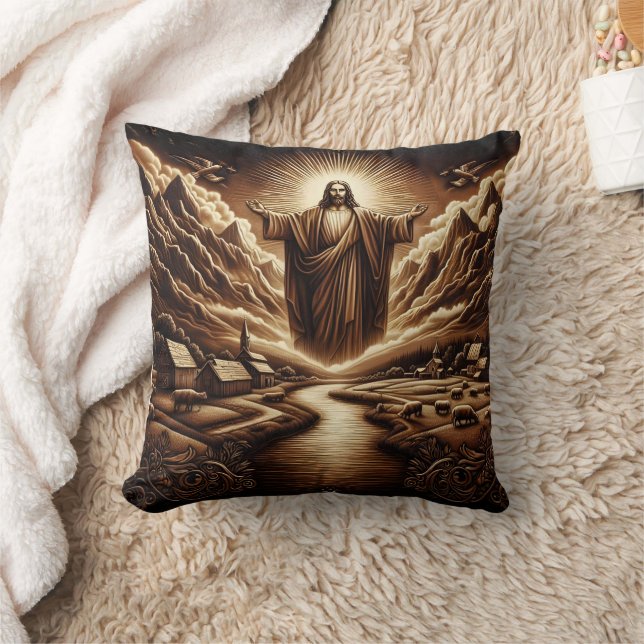Jesus Overseeing a Serene Rural Landscape Cushion (Blanket)