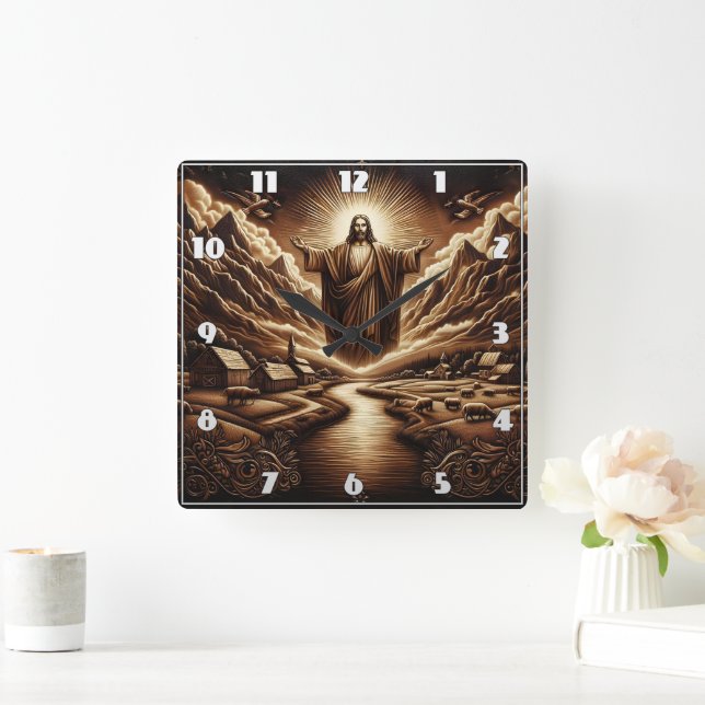 Jesus Overseeing a Serene Rural Landscape Square Wall Clock (Home)