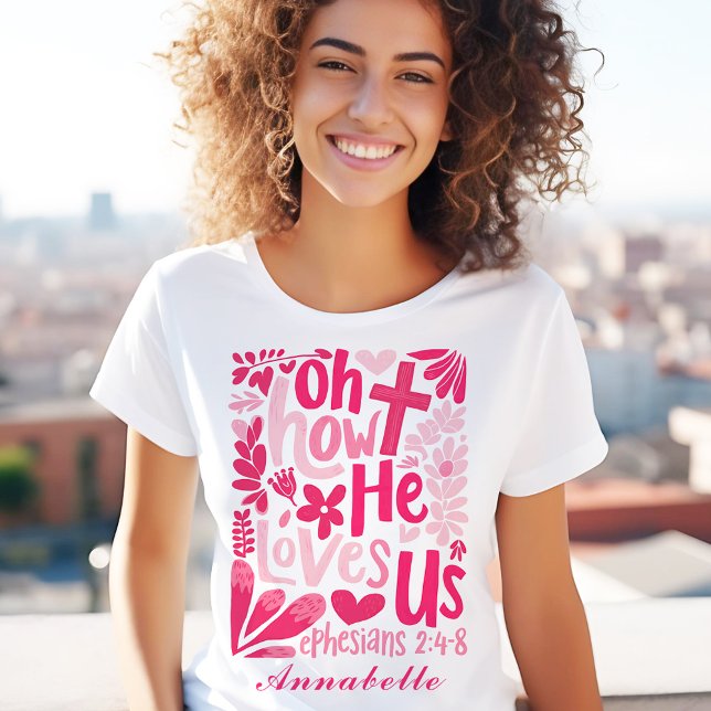 Jesus Pink He Loves Us Easter Women's Custom Name T-Shirt (Jesus Pink He Loves Us Easter Women's Custom Name T-Shirt)