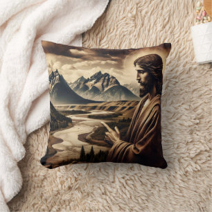 Jesus Pointing Towards Majestic Mountain Landscape Cushion