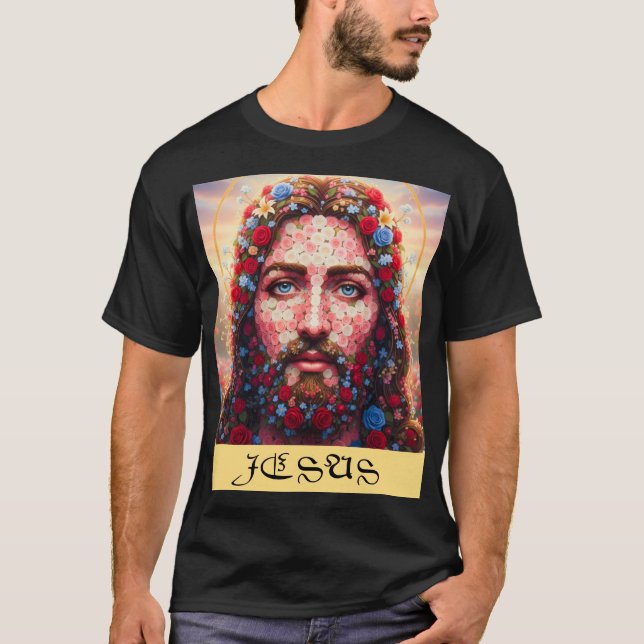 Jesus Portrait Floral Mosaic  T-Shirt (Front)