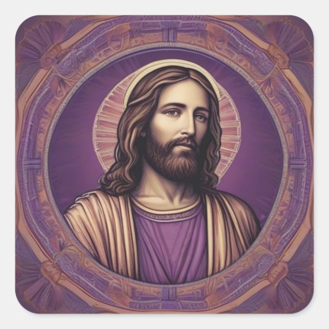 Jesus portrait in psychedelic purple shade square sticker (Front)
