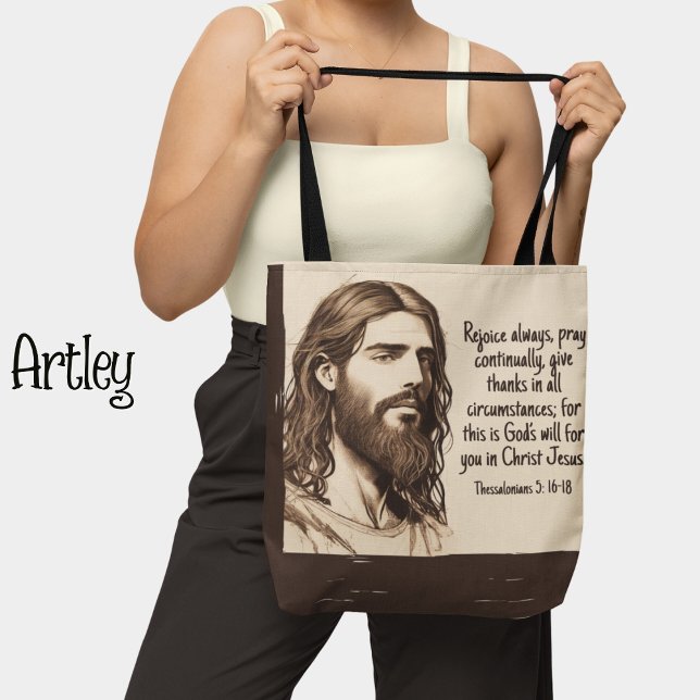Jesus Portrait Sketch Bible Quote Sepia and Cream Tote Bag (Creator Uploaded)