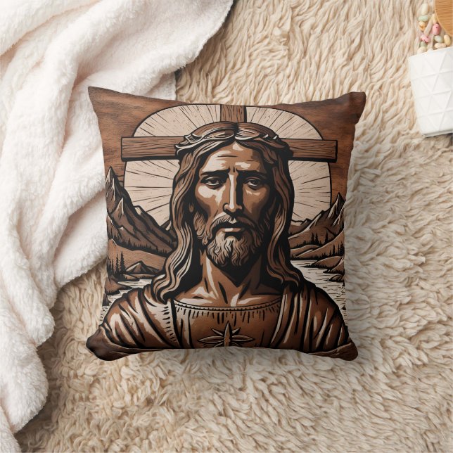 Jesus Portrait Surrounded by Mountains and Cross Cushion (Blanket)