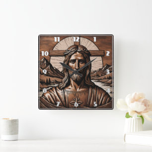 Jesus Portrait Surrounded by Mountains and Cross Square Wall Clock