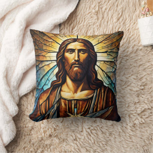 Jesus Portrait With Golden Aura in Stained Glass Cushion