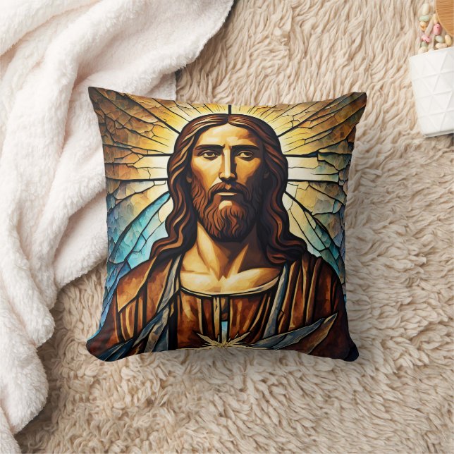 Jesus Portrait With Golden Aura in Stained Glass Cushion (Blanket)