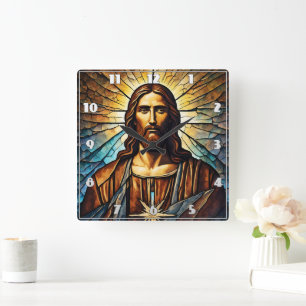 Jesus Portrait With Golden Aura in Stained Glass Square Wall Clock