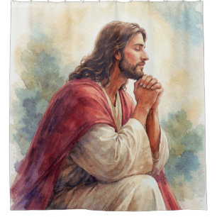 Jesus Praying Watercolor Art Christian Faith Shower Curtain