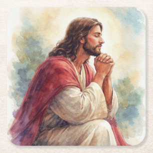 Jesus Praying Watercolor Art Christian Faith Square Paper Coaster