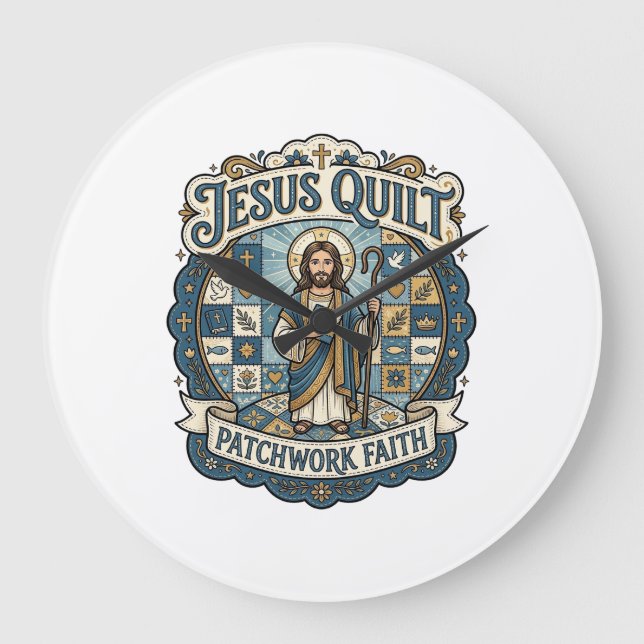 Jesus Quilt Patchwork Faith Jesus Quilt Patchwork  Large Clock (Front)