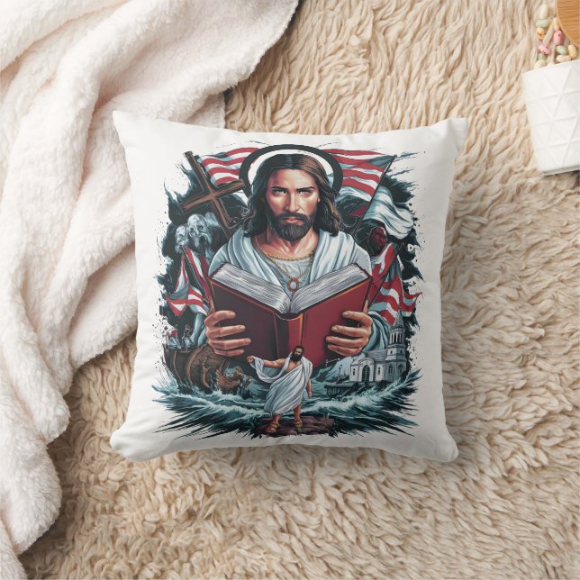 Jesus reading amidst waves and symbols of faith cushion (Blanket)