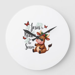 Jesus Reason for The Season Cow Christmas Christia Large Clock