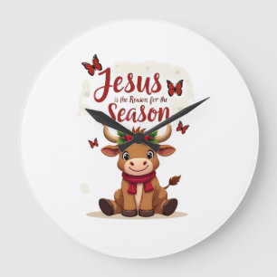 Jesus Reason for The Season Cow Christmas Christia Large Clock