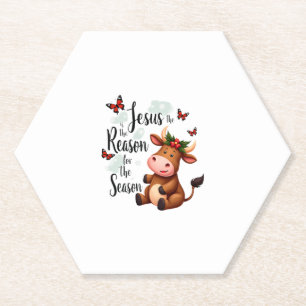 Jesus Reason for The Season Cow Christmas Christia Paper Coaster