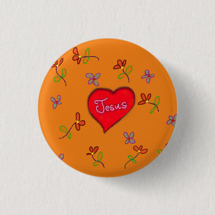 Jesus Red Heart Floral Orange Christian 3 Cm Round Badge