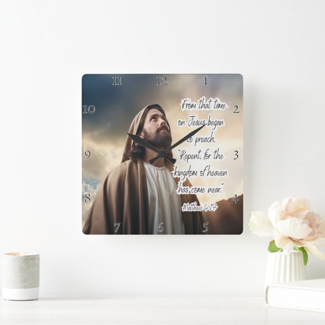 Jesus: Repent, Kingdom of Heaven Square Wall Clock (Home)