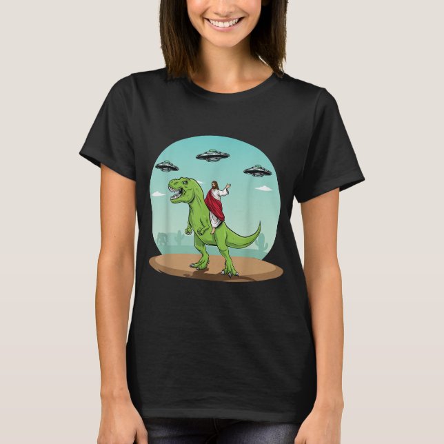 Jesus Riding A Dinosaur Funny Bigfoot UFO Alien Ab T-Shirt (Front)