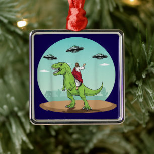 Jesus Riding A Dinosaur Funny Bigfoot UFO Alien Metal Ornament