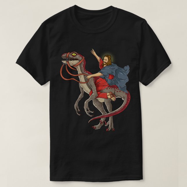Jesus Riding a Dinosaur Shirt Raptor Dinosaur Paro (Design Front)