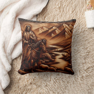 Jesus Riding a Horse Through Serene Mountains Cushion