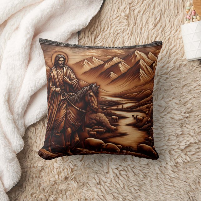 Jesus Riding a Horse Through Serene Mountains Cushion (Blanket)