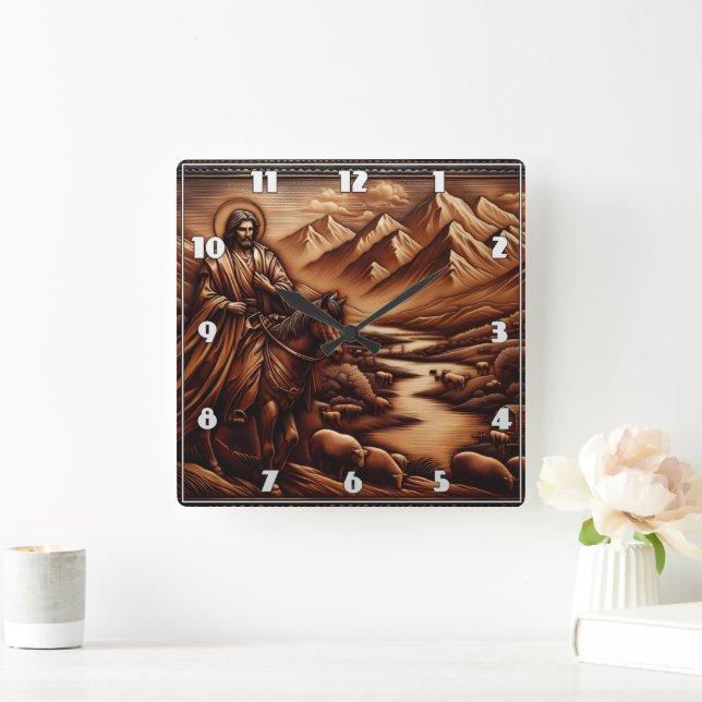 Jesus Riding a Horse Through Serene Mountains Square Wall Clock (Home)
