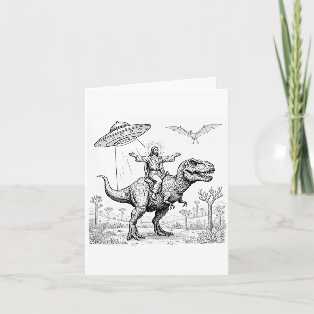 Jesus Riding Dinosaur T-rex Ufo Hunting Alien Sci- Card (Front)