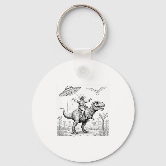 Jesus Riding Dinosaur T-rex Ufo Hunting Alien Sci- Key Ring (Front)