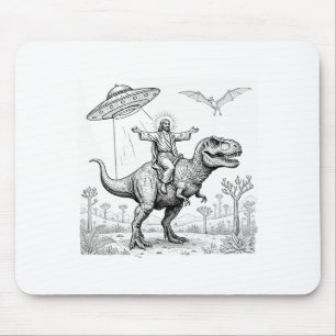 Jesus Riding Dinosaur T-rex Ufo Hunting Alien Sci- Mouse Pad