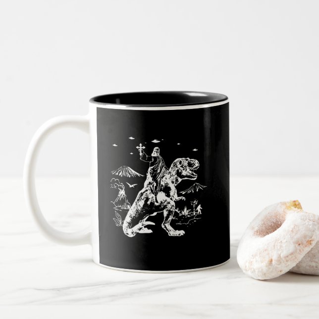 Jesus Riding Dinosaur UFO 90s Graphic Two-Tone Coffee Mug (With Donut)