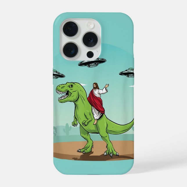 Jesus Riding Dinosaur UFO Alien Christian iPhone Case (Back)