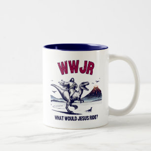 Jesus Riding Dinosaur What Would Jesus Ride? Two-Tone Coffee Mug