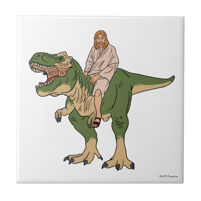 Jesus Riding T-Rex Ceramic Tile (Front)