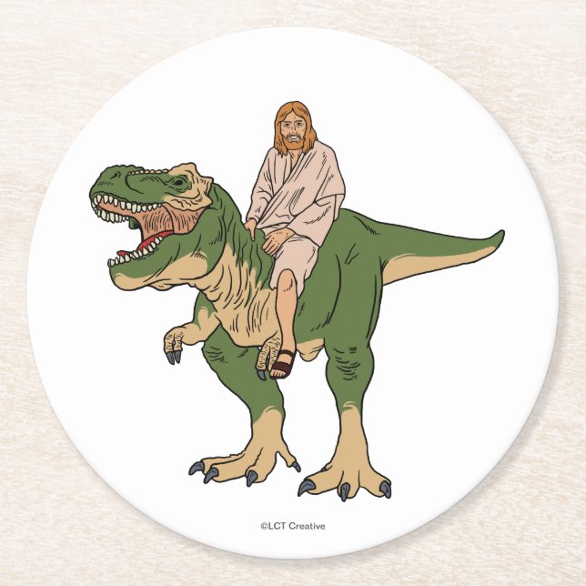 Jesus Riding T-Rex Round Paper Coaster (Front)