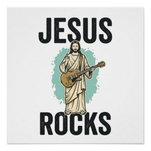 Jesus Rocks Guitar Vintage Christian Engraving Des Poster