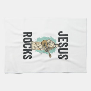 Jesus Rocks Guitar Vintage Christian Engraving Des Tea Towel