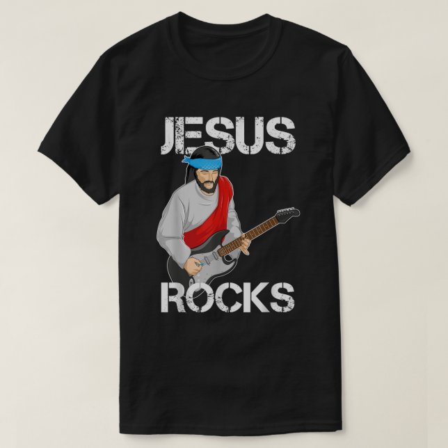 Jesus Rocks on Electric Guitar T-Shirt (Design Front)