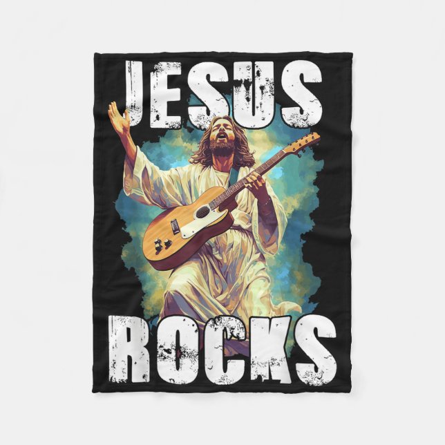 Jesus Rocks With Guitar - Funny Christian Rocks Ch Fleece Blanket (Front)