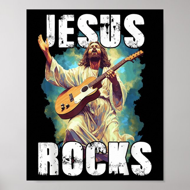 Jesus Rocks With Guitar - Funny Christian Rocks Ch Poster (Front)